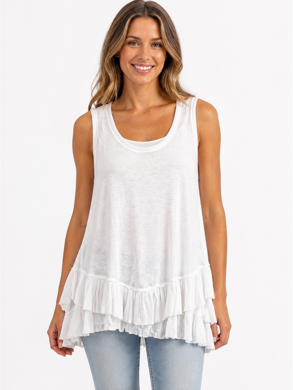 058. NWT! Mystree•White Layered Ruffle Hem Sleeveless Tunic•MEDIUM